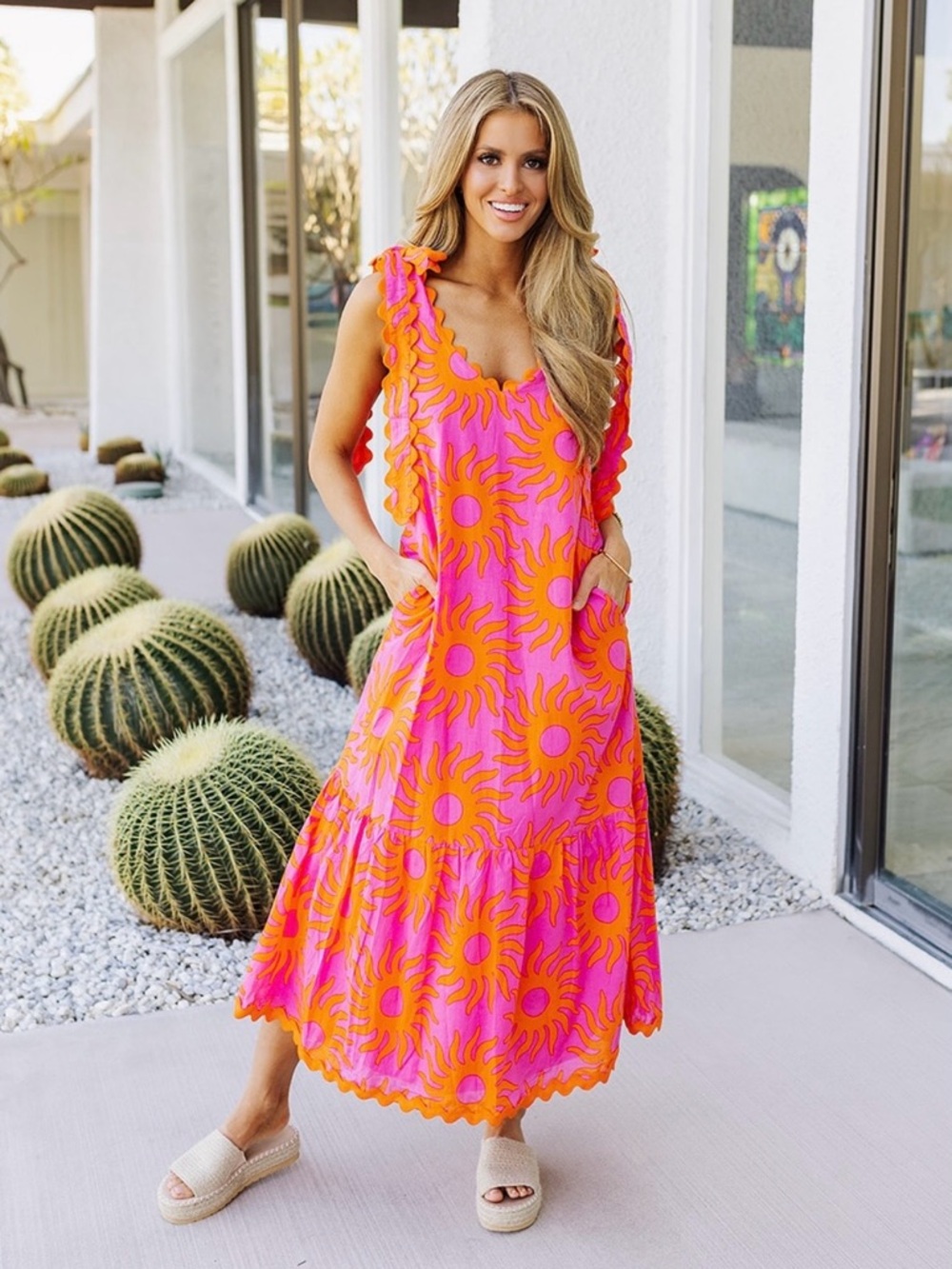 NWT J.Marie Mara Ric Rac Tie Strap Sunshine Print Pink Boho Cotton Midi Dress